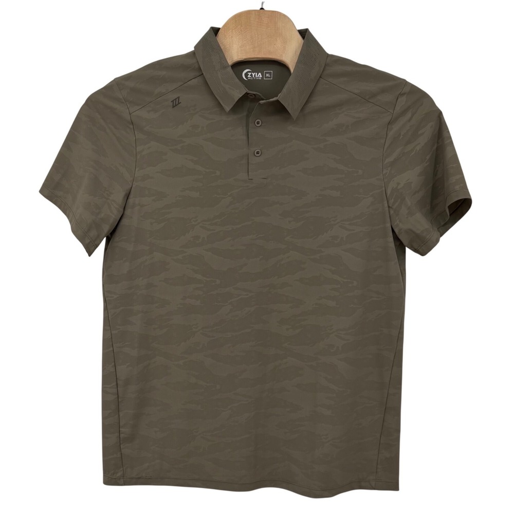 Zyia Active Polo Shirt Mens XL Beige Camo Performance Short Sleeve Stretch